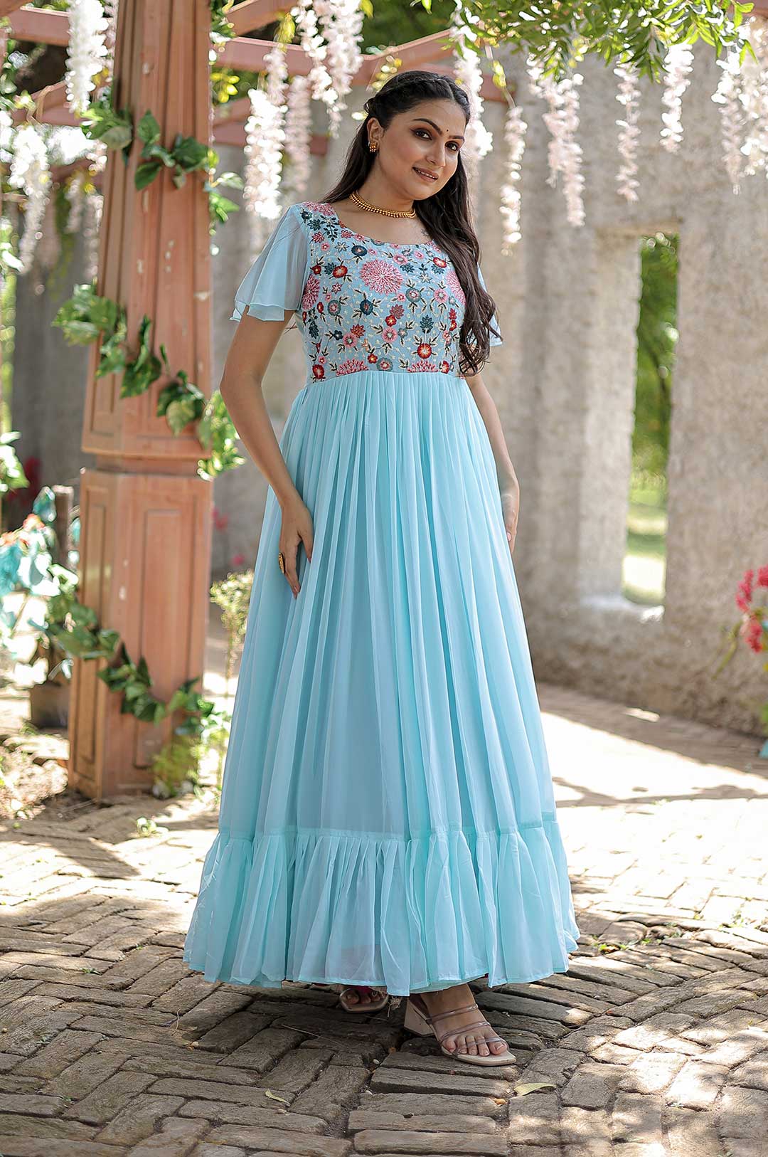 Sky Blue Georgette Gown with Floral Embroidered Bodice and Tiered Ruffle Hem