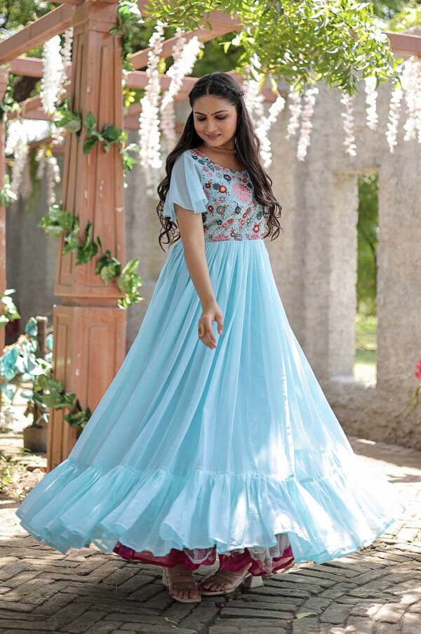 Sky Blue Georgette Gown with Floral Embroidered Bodice and Tiered Ruffle Hem