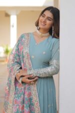 Sky-Blue-Georgette-Gown-with-Mirror-Work-&amp;-Zari-Embroidery-and-Printed-Dupatta