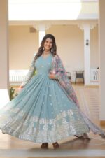 Sky-Blue-Georgette-Gown-with-Mirror-Work-&amp;-Zari-Embroidery-and-Printed-Dupatta-2