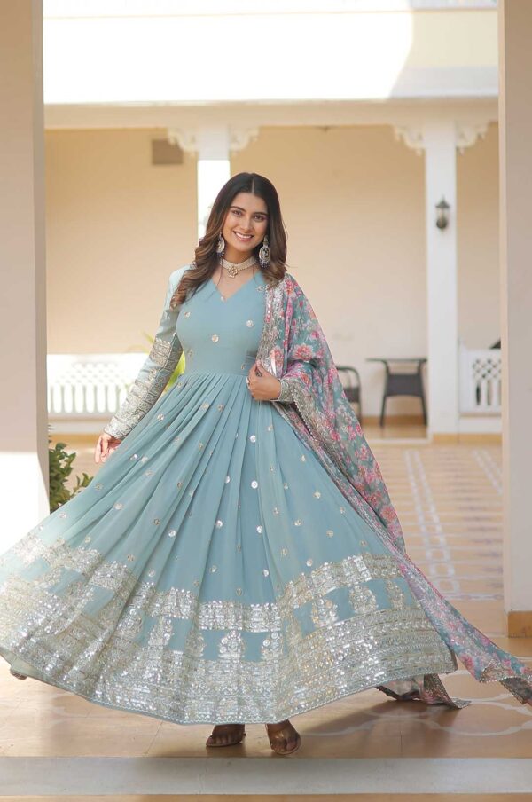 Sky Blue Georgette Gown with Mirror Work & Zari Embroidery and Printed Dupatta