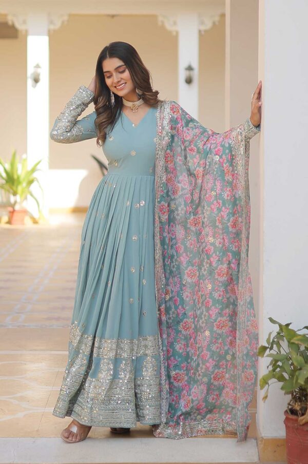 Sky Blue Georgette Gown with Mirror Work & Zari Embroidery and Printed Dupatta