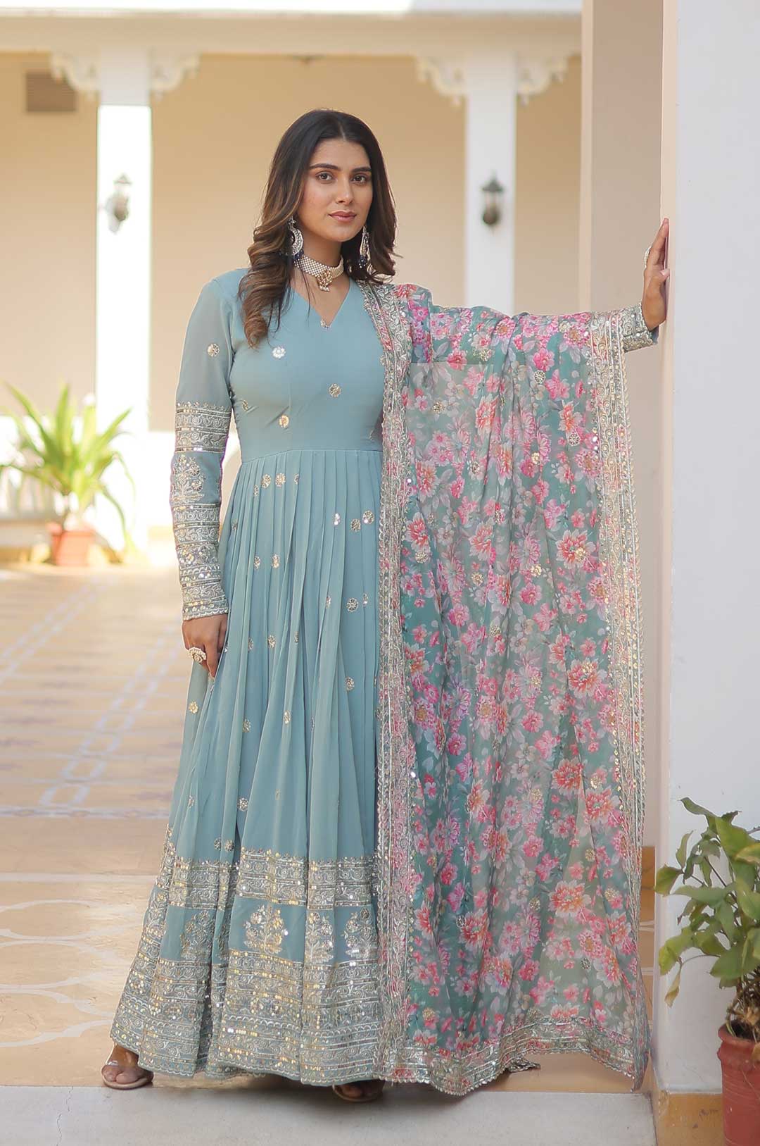 Sky Blue Georgette Gown with Mirror Work & Zari Embroidery and Printed Dupatta