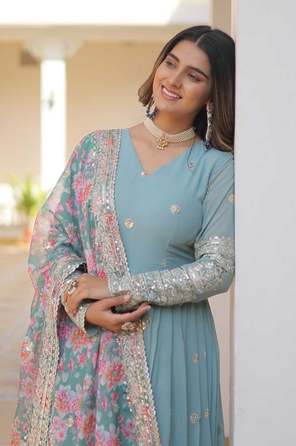 Sky Blue Georgette Gown with Mirror Work & Zari Embroidery and Printed Dupatta