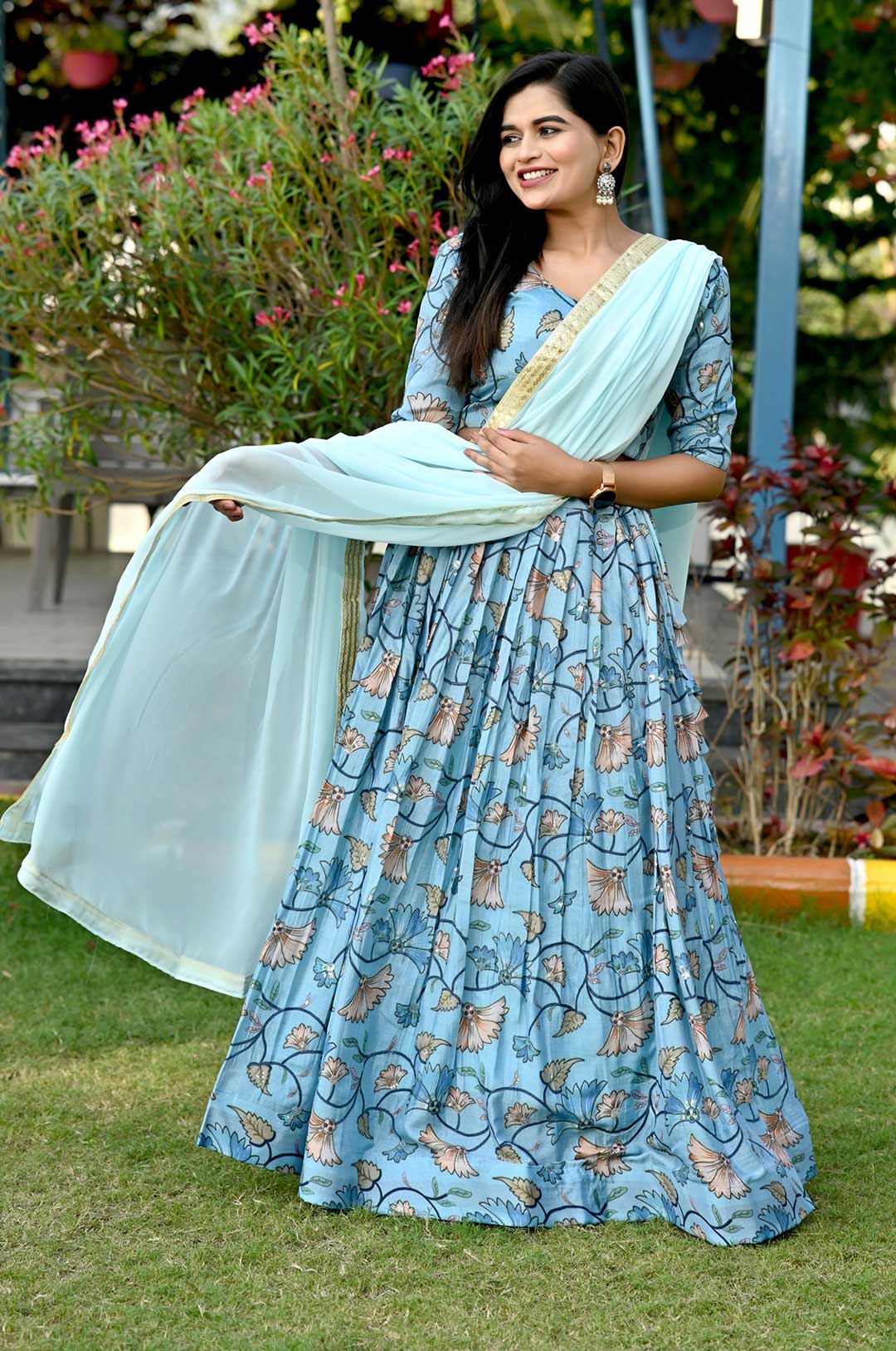 Sky Chinnon Printed Lehenga with Sequins Dupatta