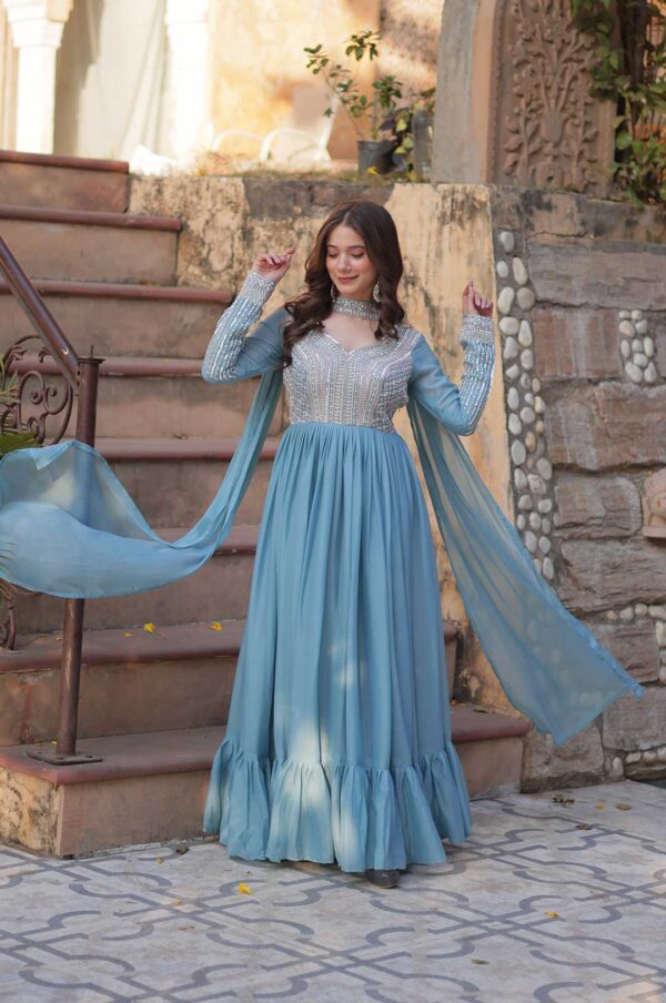 Sky Star Georgette Embroidered Gown with Beads & Sequins Work and Dupatta Set