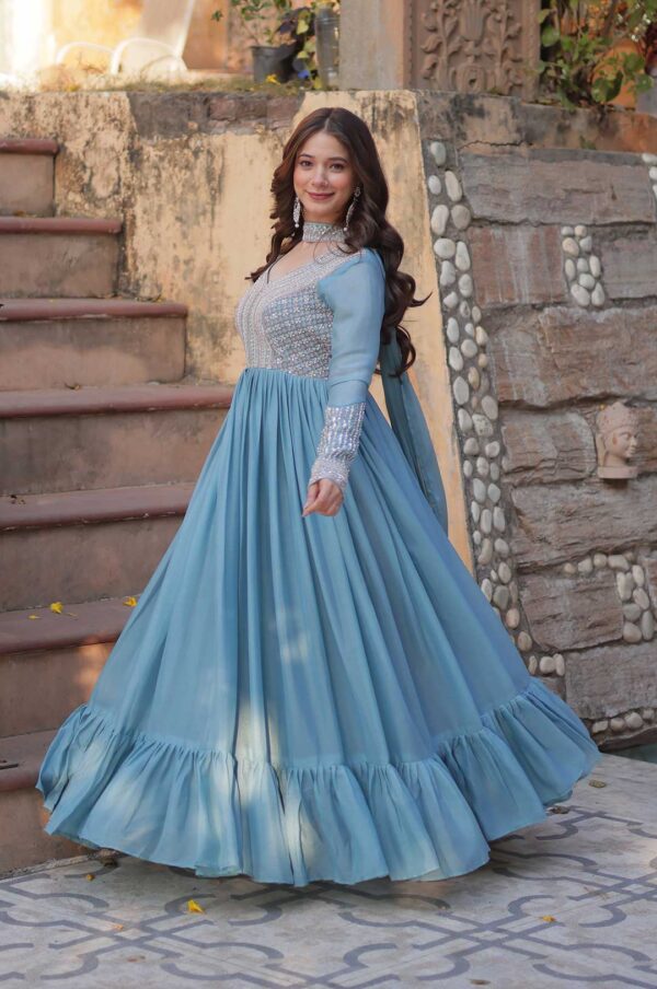 Sky Star Georgette Embroidered Gown with Beads & Sequins Work and Dupatta Set