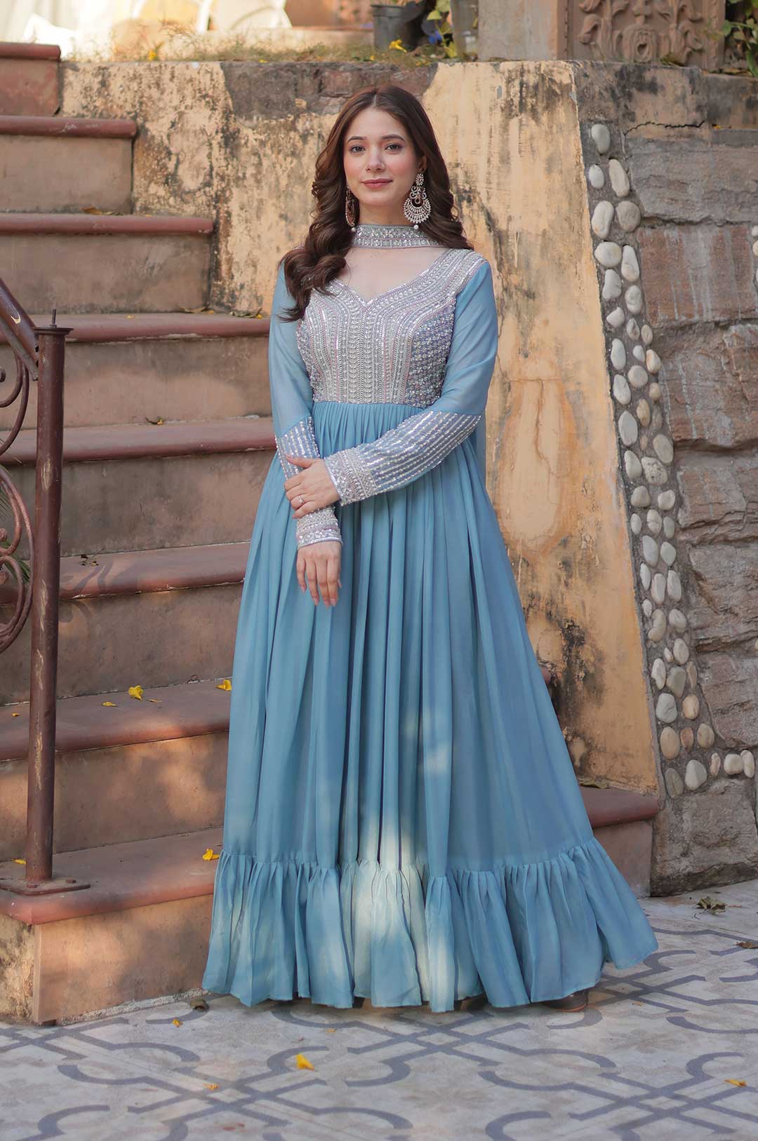 Sky Star Georgette Embroidered Gown with Beads & Sequins Work and Dupatta Set