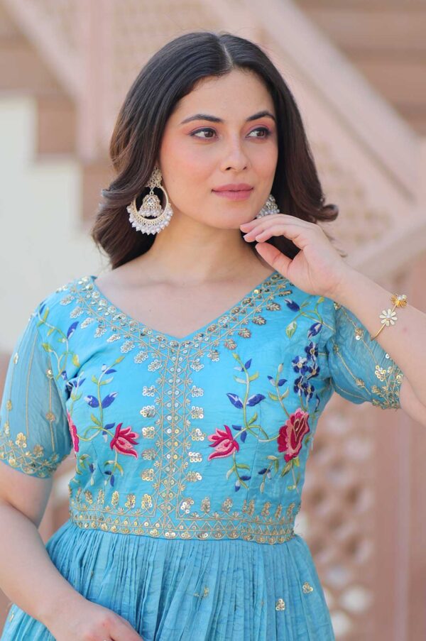 Sky blue Sparkling Gold Crush Gown with Multi-Thread Embroidery, Zari & Sequins Work