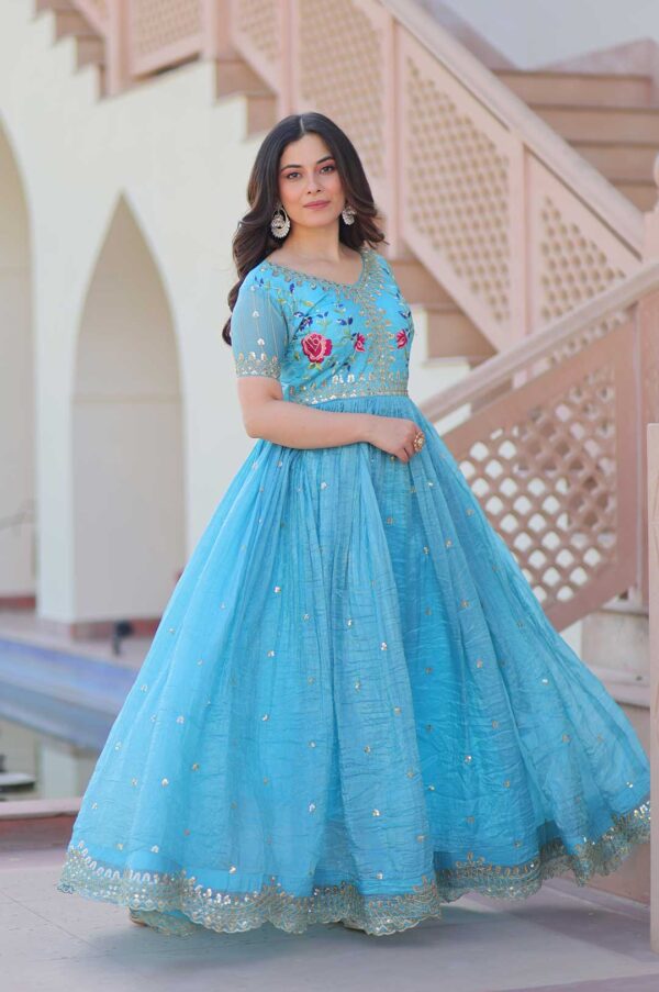 Sky blue Sparkling Gold Crush Gown with Multi-Thread Embroidery, Zari & Sequins Work