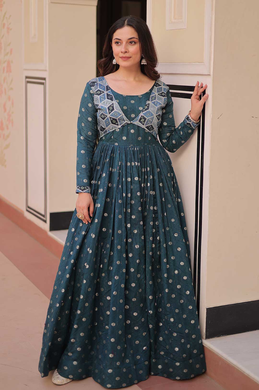 Staple Jacquard Weaving Designer Gown with Printed Choli – Rama