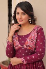 Staple-Jacquard-Weaving-Designer-Gown-with-Printed-Choli-–-Wine