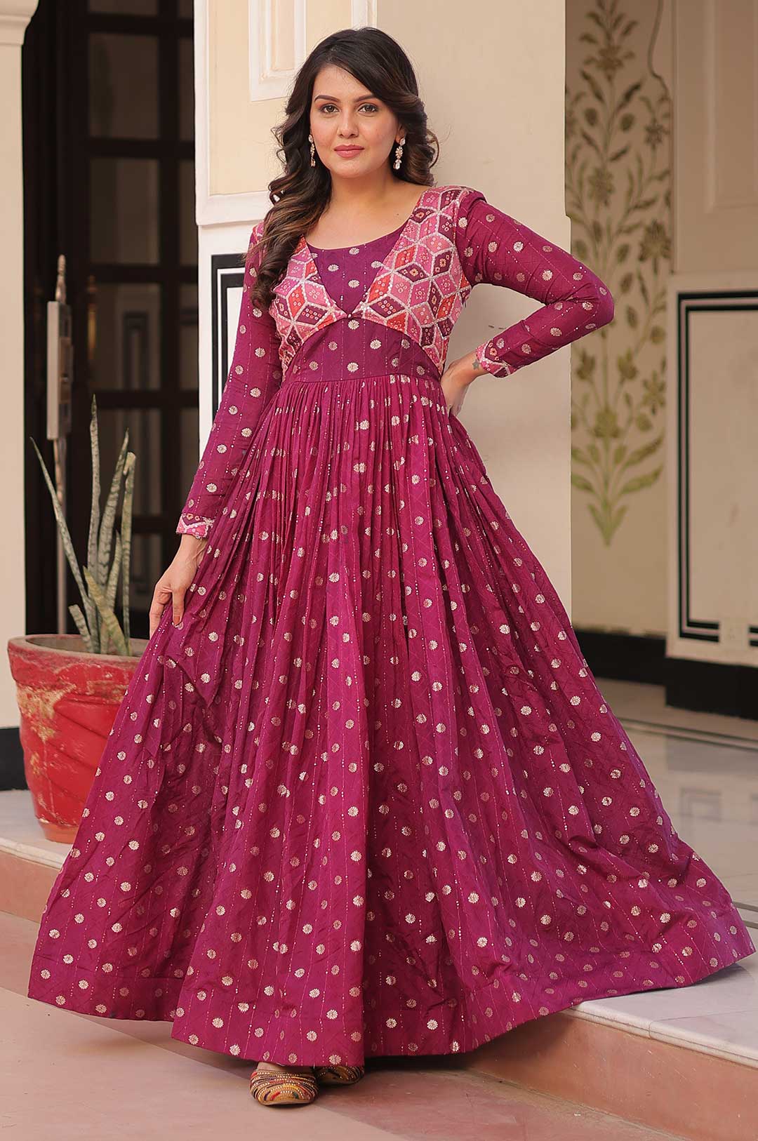 Staple Jacquard Weaving Designer Gown with Printed Choli – Wine