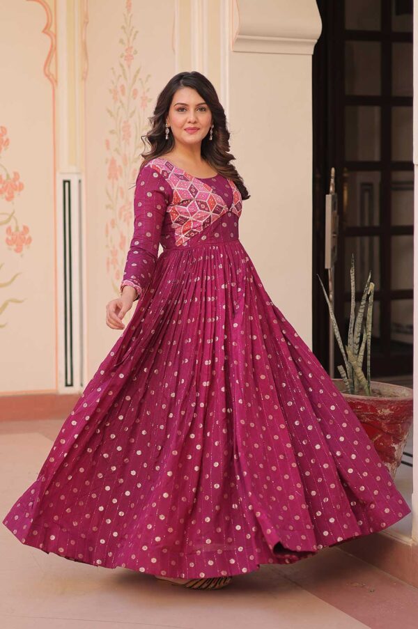 Staple Jacquard Weaving Designer Gown with Printed Choli – Wine