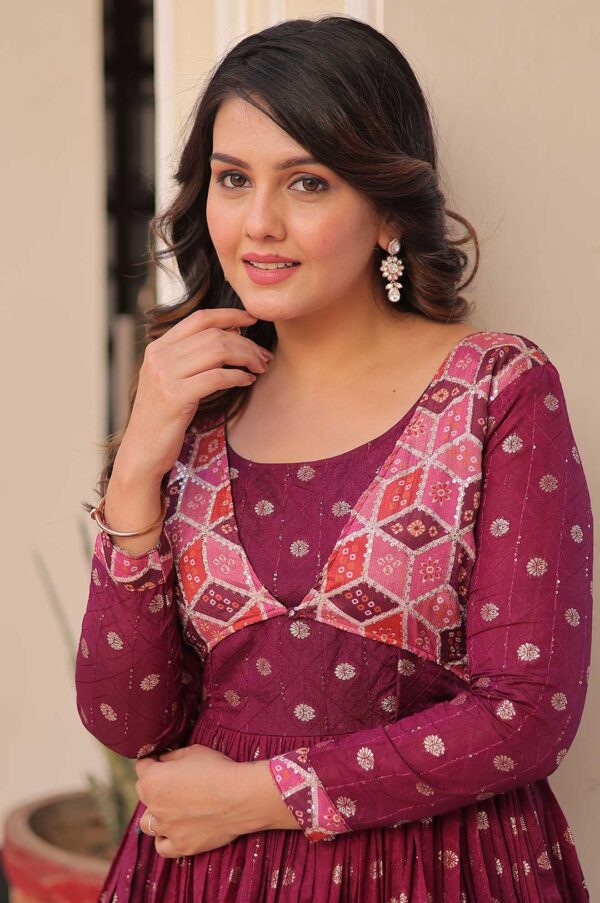 Staple Jacquard Weaving Designer Gown with Printed Choli – Wine