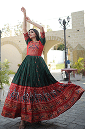 Green Stunning Patola Designer Foil Print Dola Silk Gown