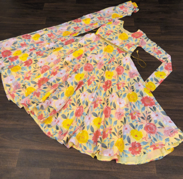 Sunshine Yellow Floral Gown in Faux Georgette with Dupatta & Belt – Digital Print Anarkali
