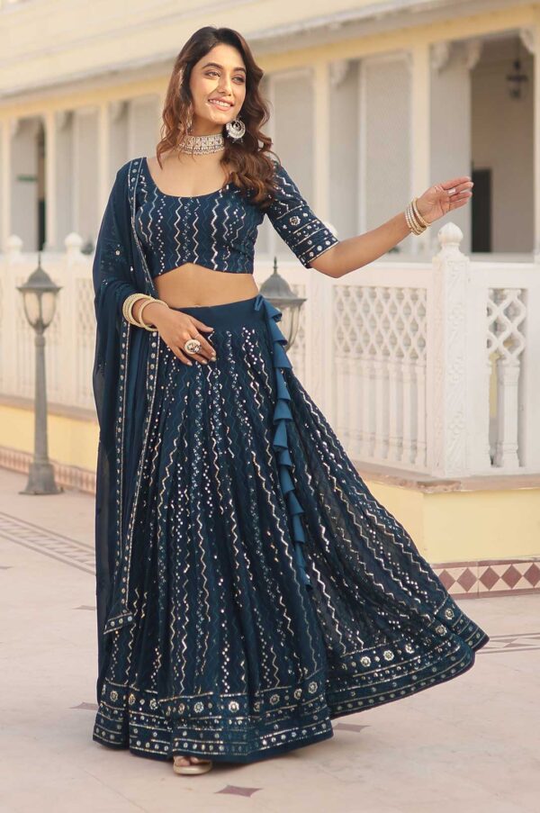 Teal Blue Faux Blooming Heavy Embroidered Lehenga Choli Set with Dupatta