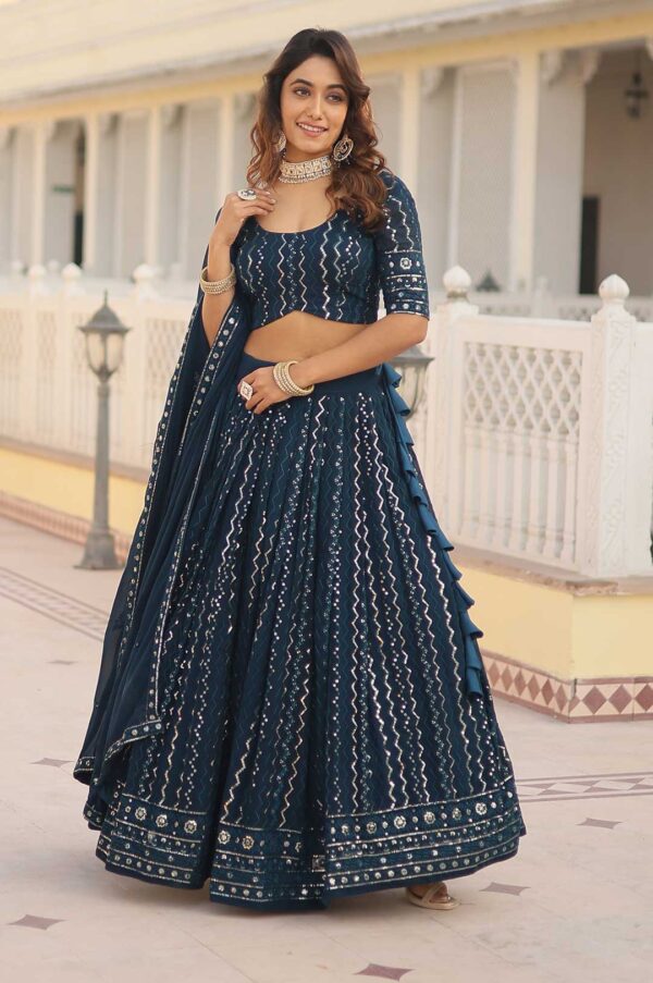 Teal Blue Faux Blooming Heavy Embroidered Lehenga Choli Set with Dupatta