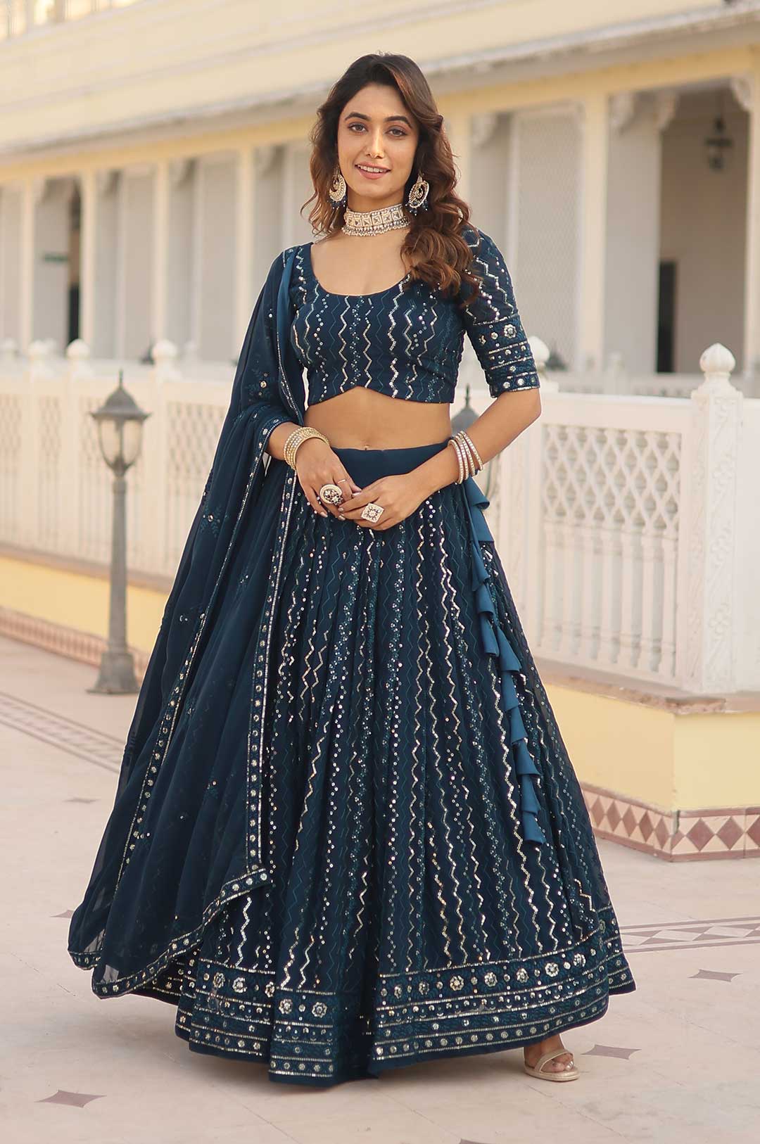 Teal Blue Faux Blooming Heavy Embroidered Lehenga Choli Set with Dupatta