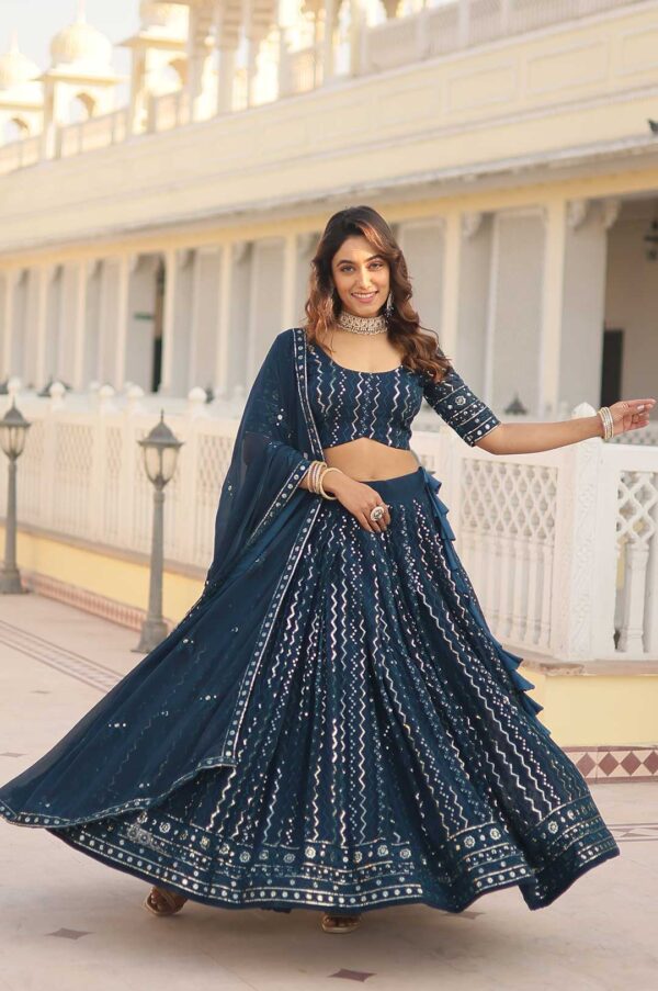 Teal Blue Faux Blooming Heavy Embroidered Lehenga Choli Set with Dupatta