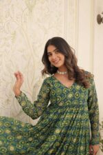 Teal-Green-Geometric-Print-Long-Kurta-with-Palazzo-Pants