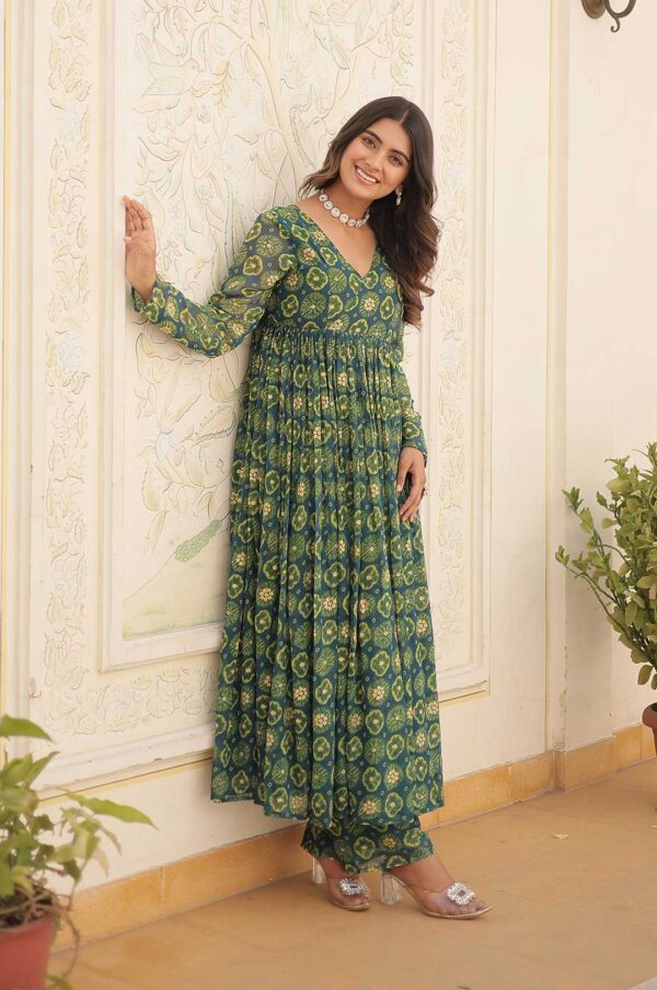 Teal Green Geometric Print Long Kurta with Palazzo Pants