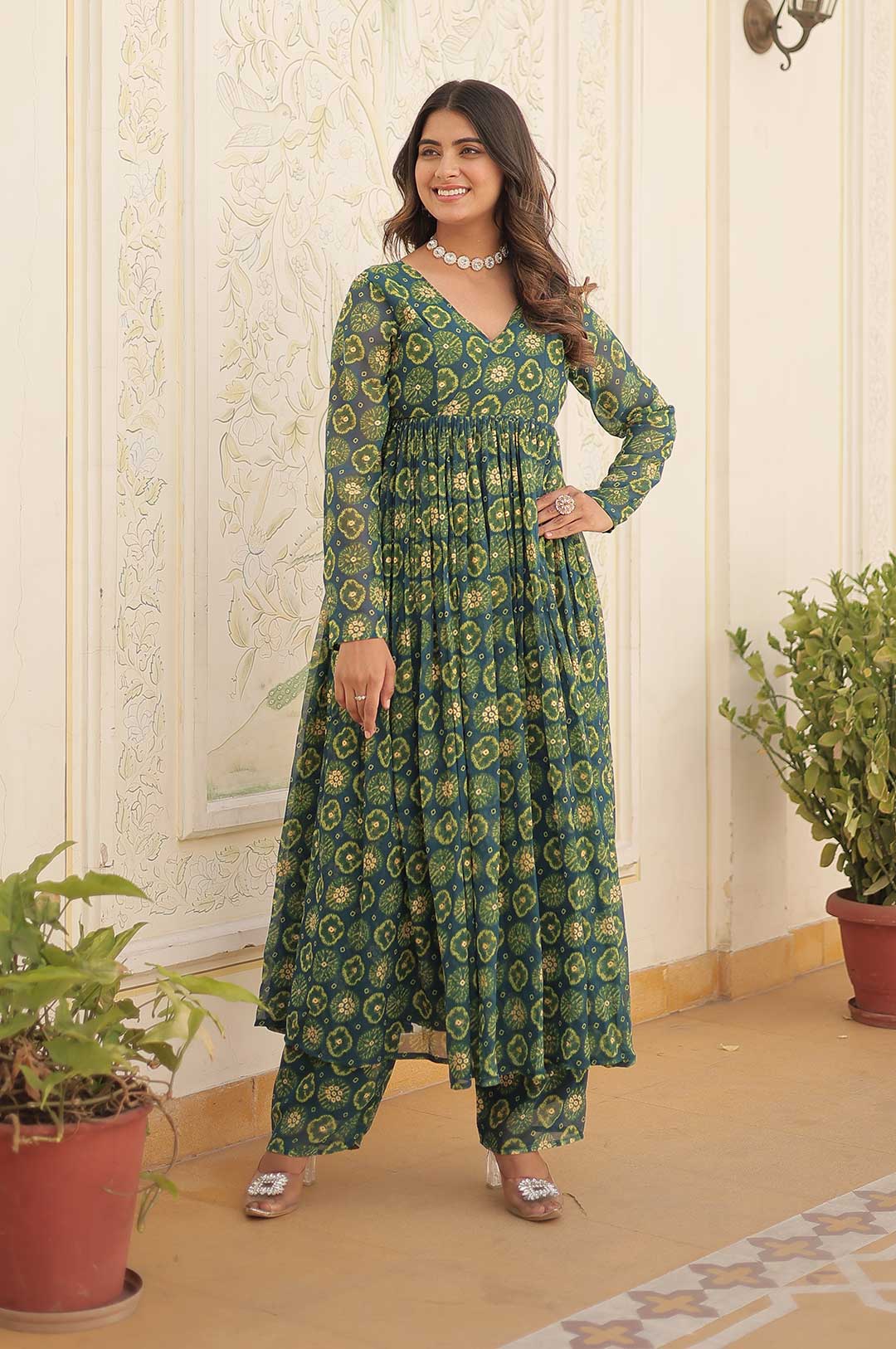 Teal Green Geometric Print Long Kurta with Palazzo Pants