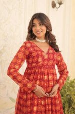 Teal-Red-Geometric-Print-Long-Kurta-with-Palazzo-Pants