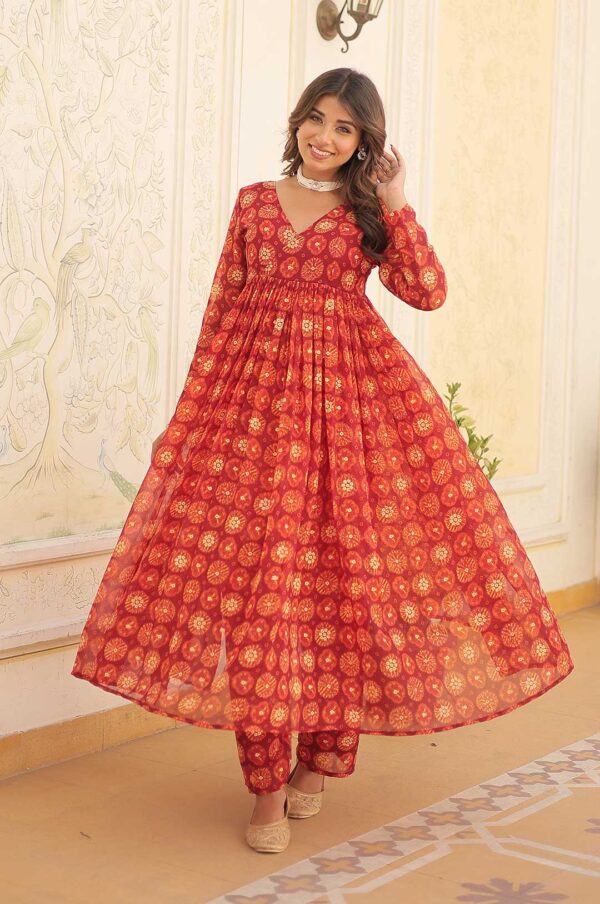 Teal Red Geometric Print Long Kurta with Palazzo Pants