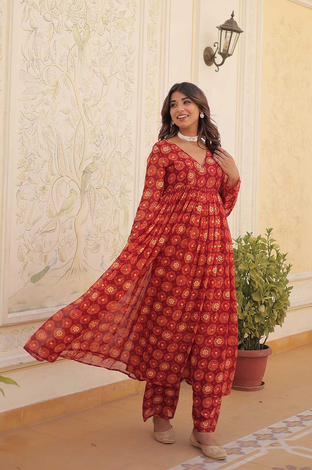 Teal Red Geometric Print Long Kurta with Palazzo Pants
