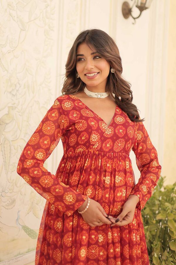 Teal Red Geometric Print Long Kurta with Palazzo Pants