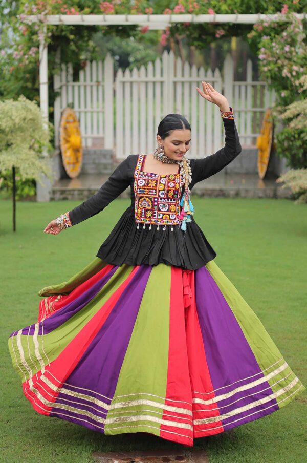Kutchi Gamthi Peplum Top with Pink-Yellow-Black Multicolor Lehenga