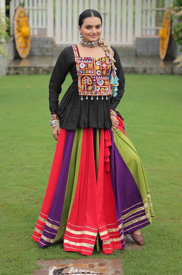 Kutchi Gamthi Peplum Top with Pink-Yellow-Black Multicolor Lehenga