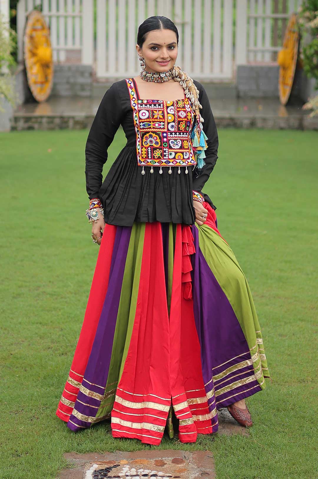 Traditional Kutchi Work Peplum Top with Multicolor 8-Meter Flair Lehenga
