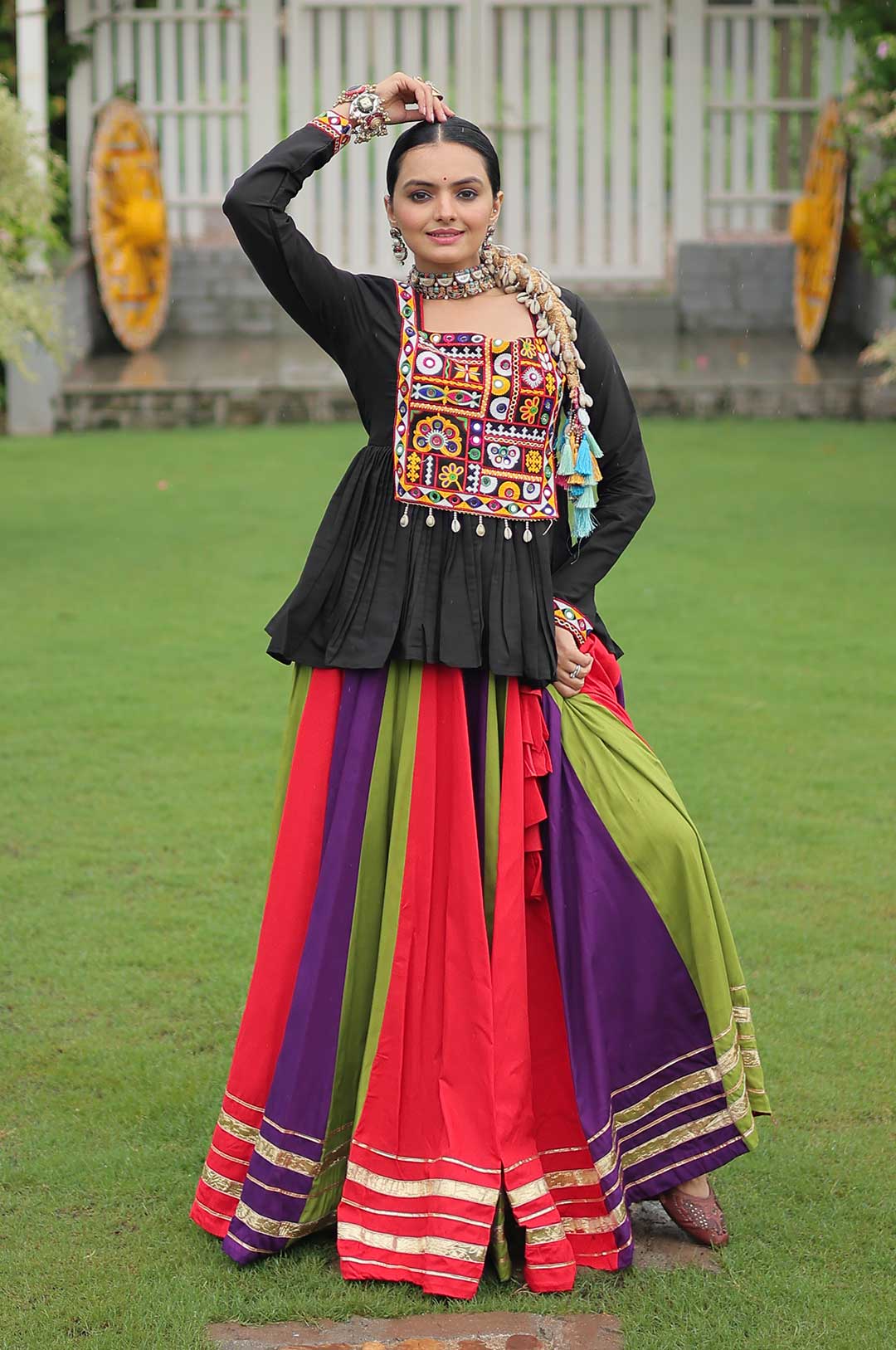Kutchi Gamthi Peplum Top with Pink-Yellow-Black Multicolor Lehenga