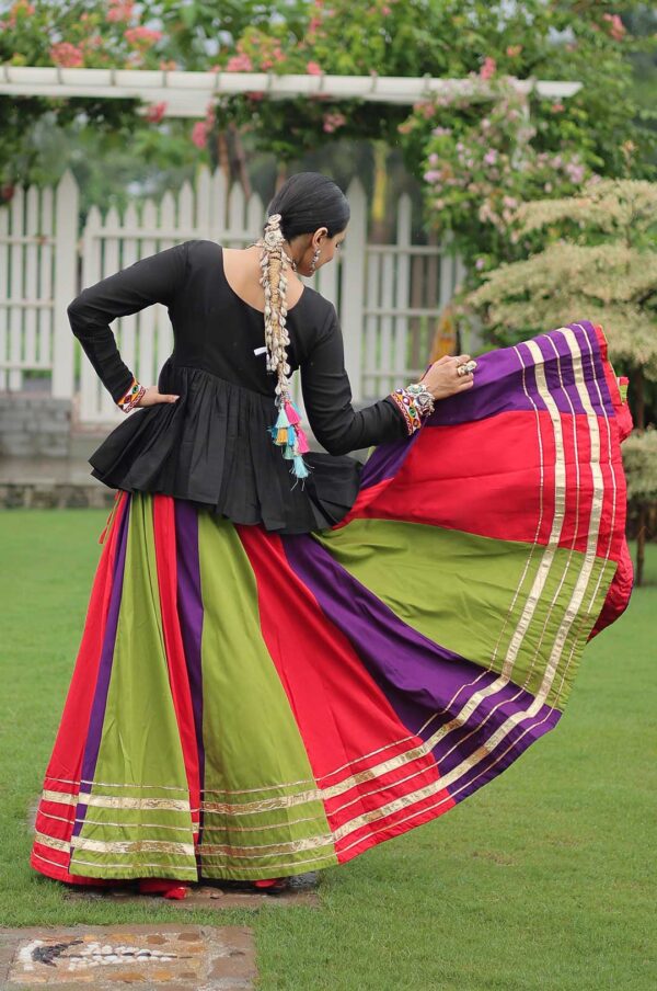 Kutchi Gamthi Peplum Top with Pink-Yellow-Black Multicolor Lehenga