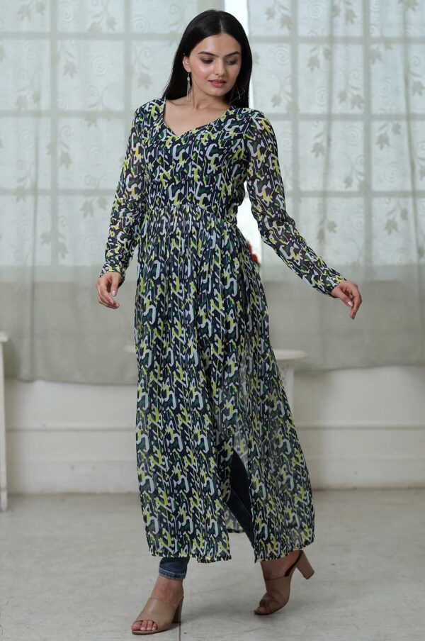 Green Urban Bloom – Fox Georgette Floral Digital Print Kurti