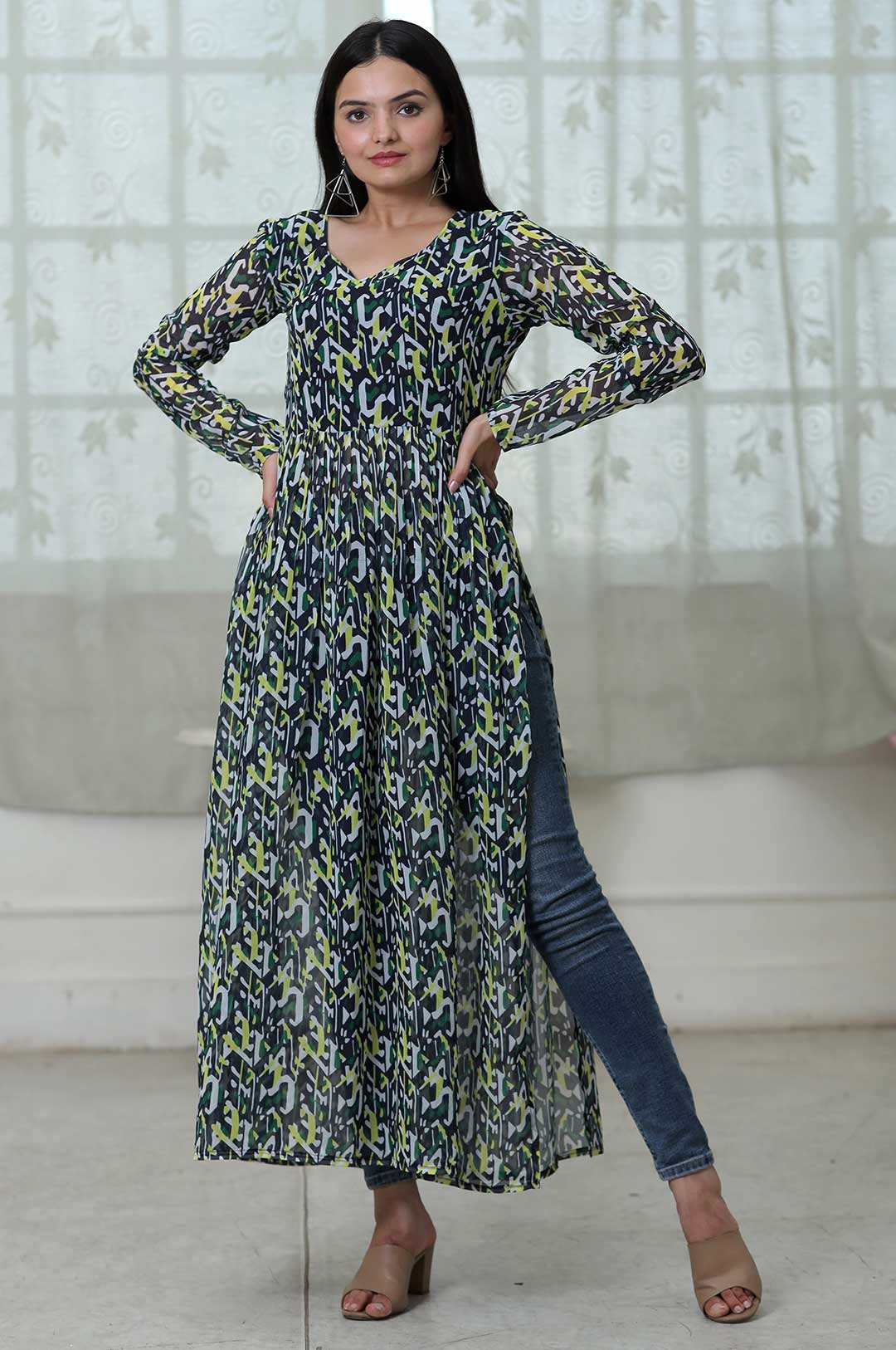 Green Urban Bloom – Fox Georgette Floral Digital Print Kurti