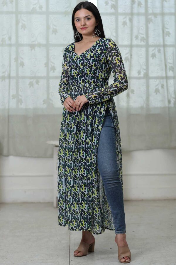 Green Urban Bloom – Fox Georgette Floral Digital Print Kurti