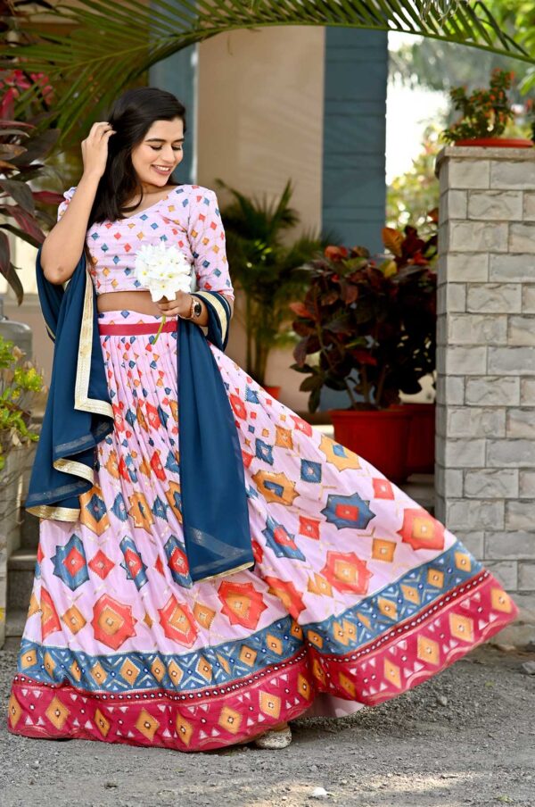 Vibrant Charm – Chinnon Lehenga Set with Sequins & Printed Elegance