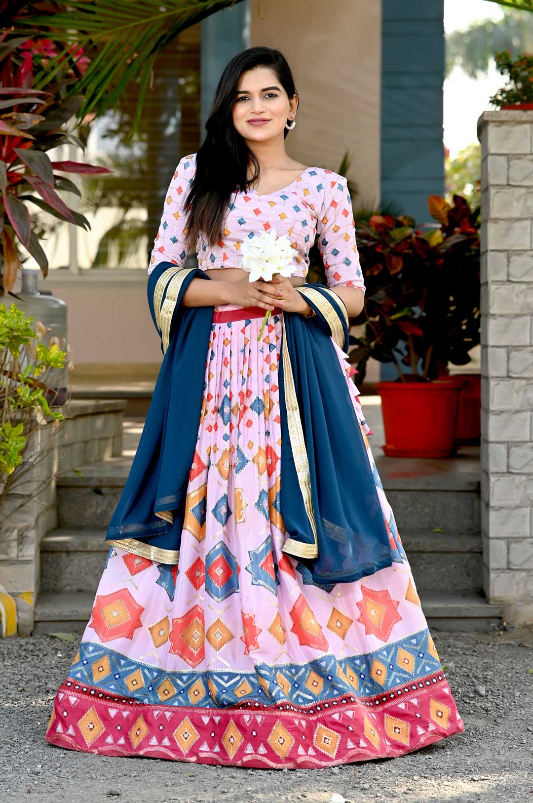 Vibrant Charm – Chinnon Lehenga Set with Sequins & Printed Elegance