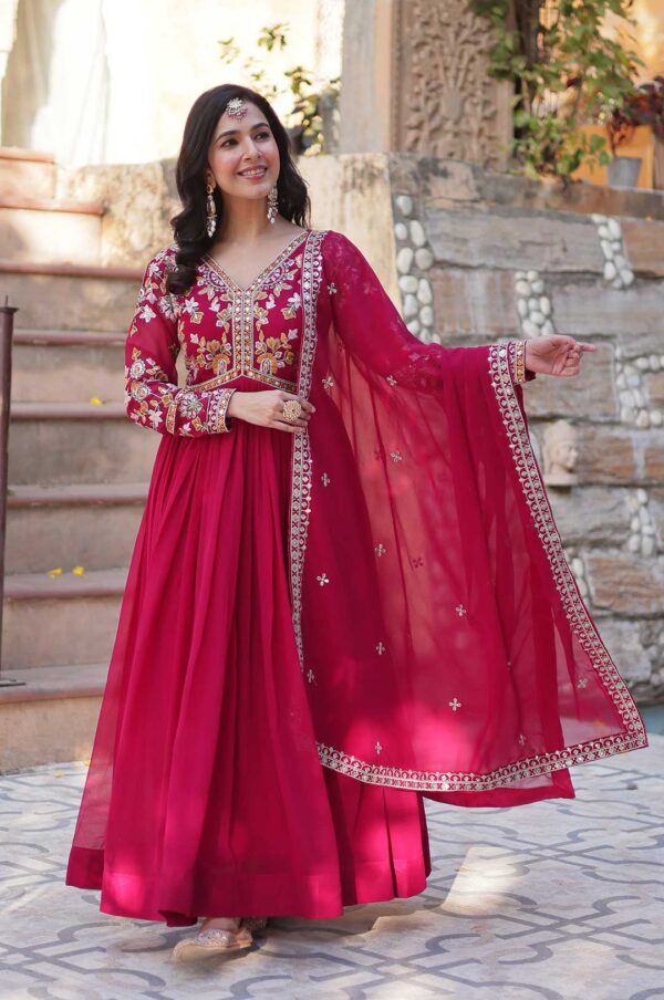Vibrant Pink Embroidered Gown Set with Designer Dupatta