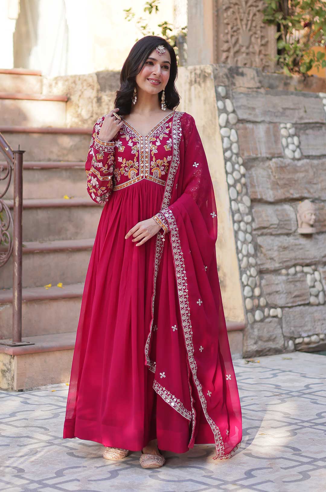 Vibrant Pink Embroidered Gown Set with Designer Dupatta