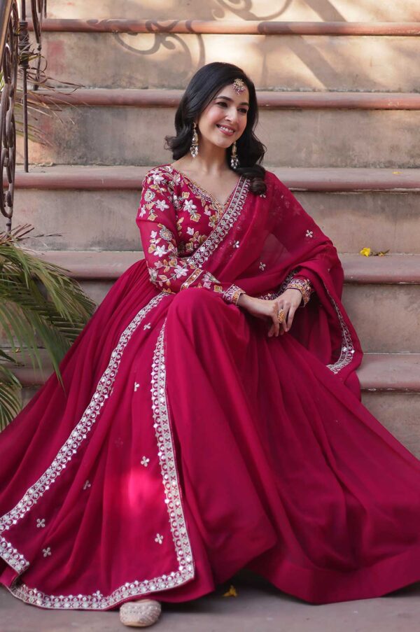 Vibrant Pink Embroidered Gown Set with Designer Dupatta