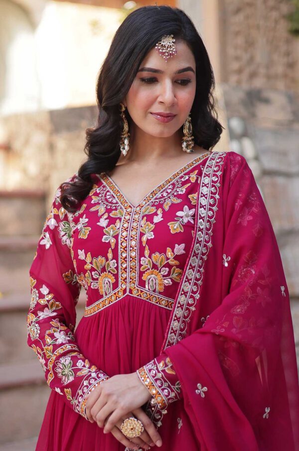 Vibrant Pink Embroidered Gown Set with Designer Dupatta