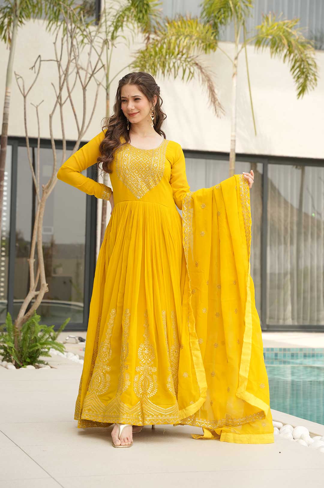 Vibrant Yellow Faux Blooming Gown with Dupatta – Glow Like the Sun