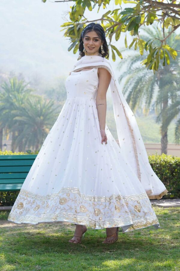 White Georgette Gown with Gold Motifs & Dupatta