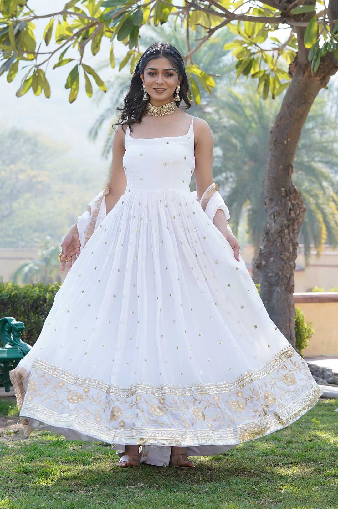 White Georgette Gown with Gold Motifs & Dupatta