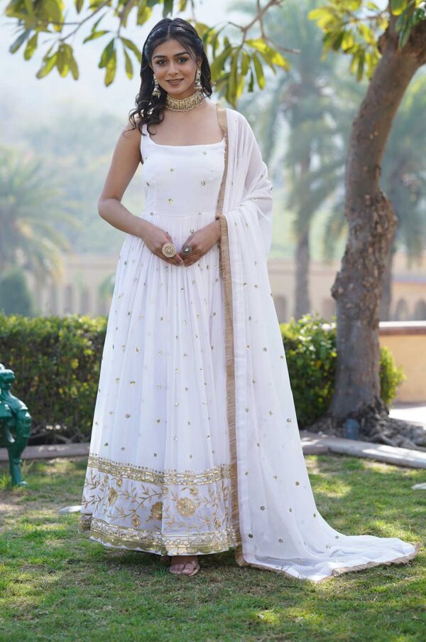 White Georgette Gown with Gold Motifs & Dupatta